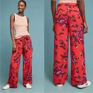 NWT Ettiwa Anthropologie Red Floral Wide Leg Pants